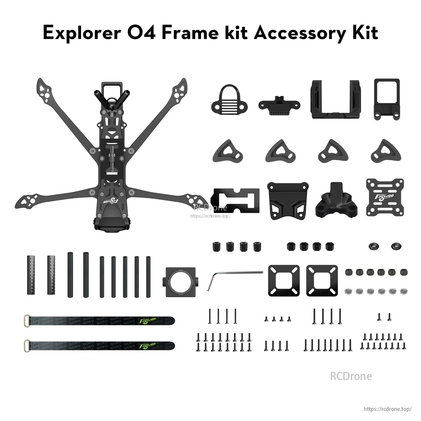 Flywoo Explorer LR4 O4 frame kit layout with carbon frame, camera mount parts, standoffs, straps, and screws