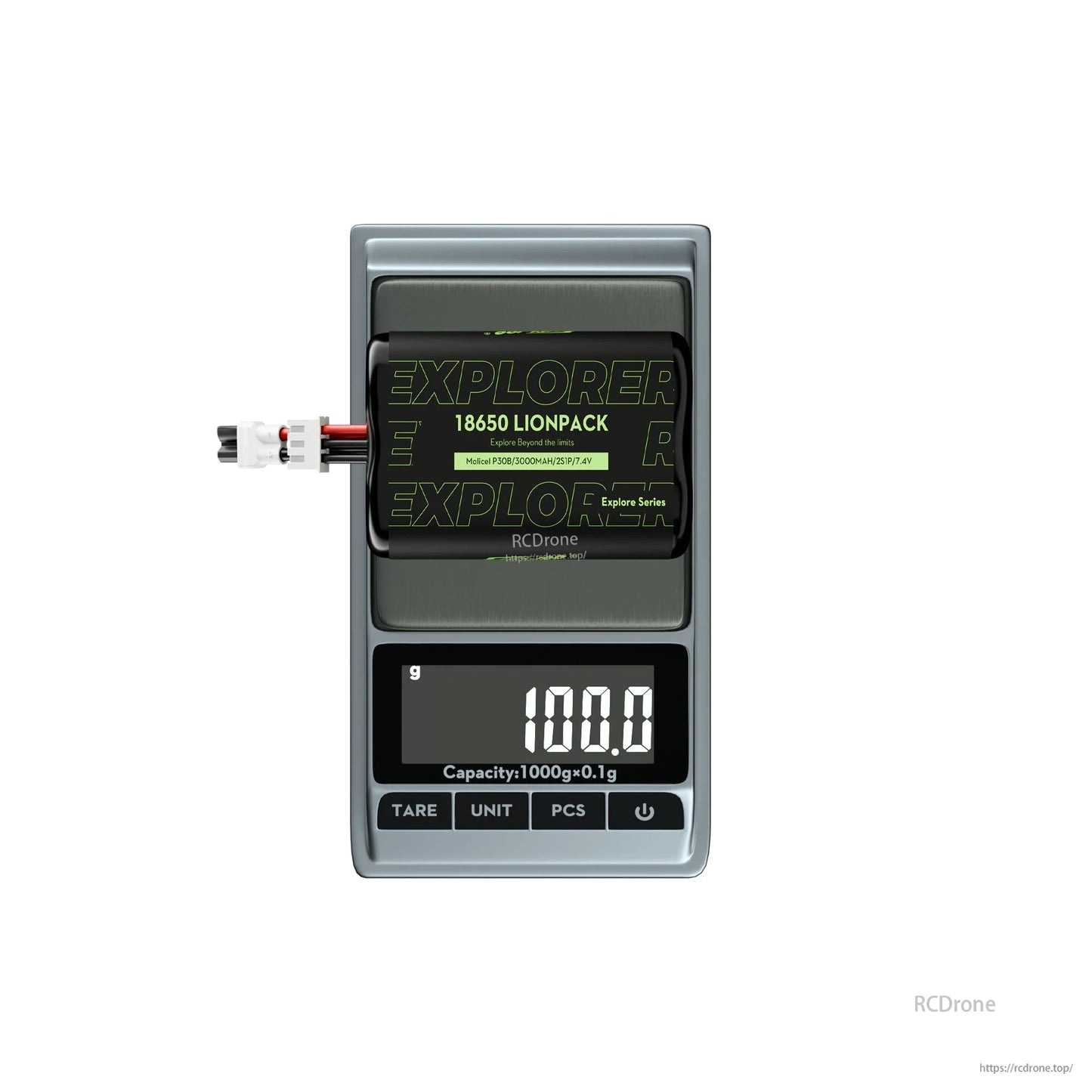 Flywoo Explorer Li-ion Battery, Explorer 18650 Li-ion battery pack (2S1P 7.4V 3000mAh) with lead connector on a scale reading 100.0 g