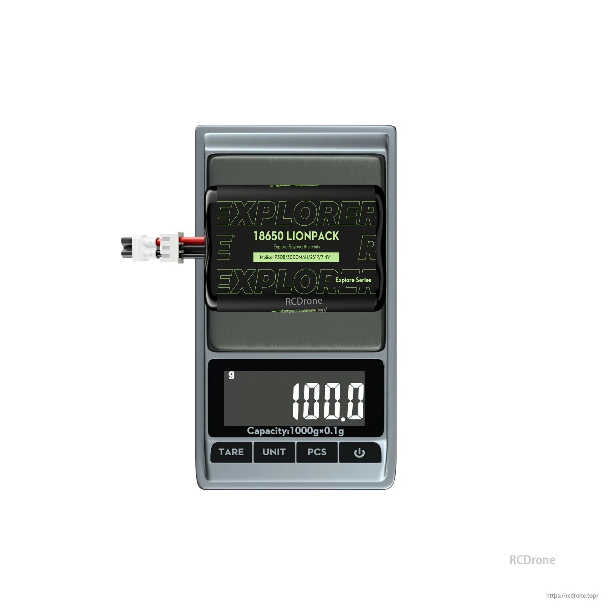 Flywoo Explorer Li-ion Battery, Explorer 18650 Li-ion battery pack (2S1P 7.4V 3000mAh) with lead connector on a scale reading 100.0 g