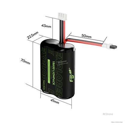 Flywoo Explorer Li-ion Battery, Flywoo Explorer 18650 Li-ion battery pack with wired connectors and labeled dimensions (70 x 41 x 22.5 mm).