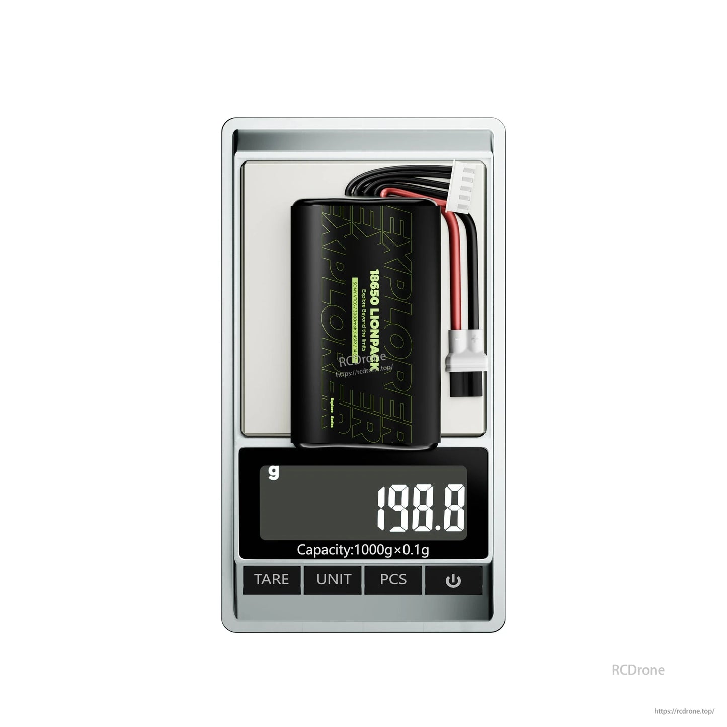 Flywoo Explorer Lionpack 18650 Li-ion battery pack with balance lead and power connector, weighing 198.8 g on scale
