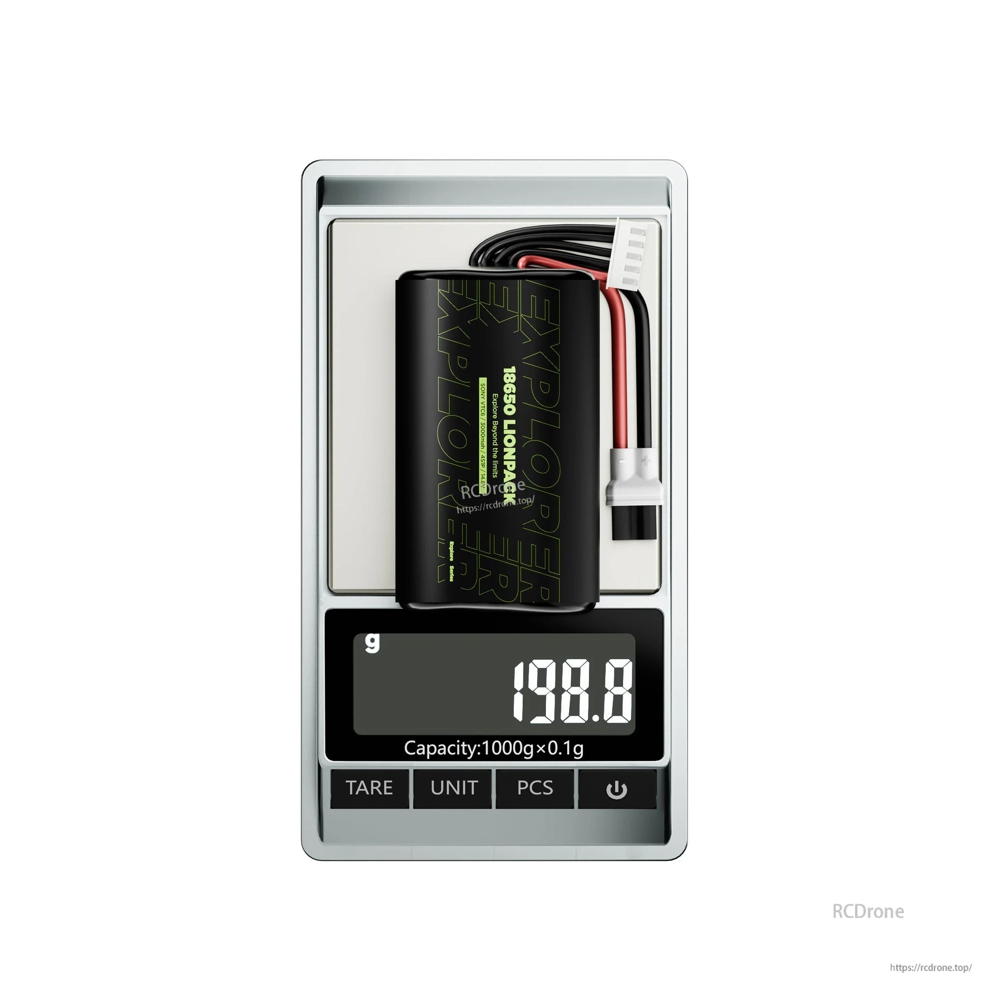 Flywoo Explorer Lionpack 18650 Li-ion battery pack with balance lead and power connector, weighing 198.8 g on scale