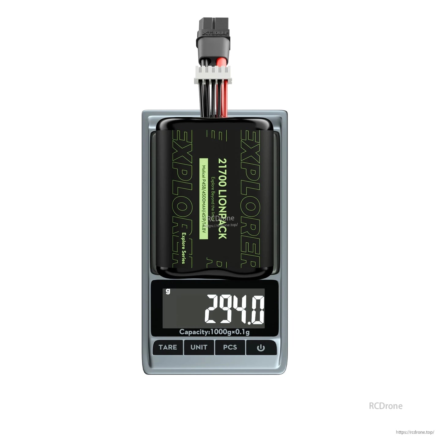 Flywoo Explorer 21700 Lionpack 4S Li-ion battery with XT60 and JST-XH balance lead on scale reading 294g