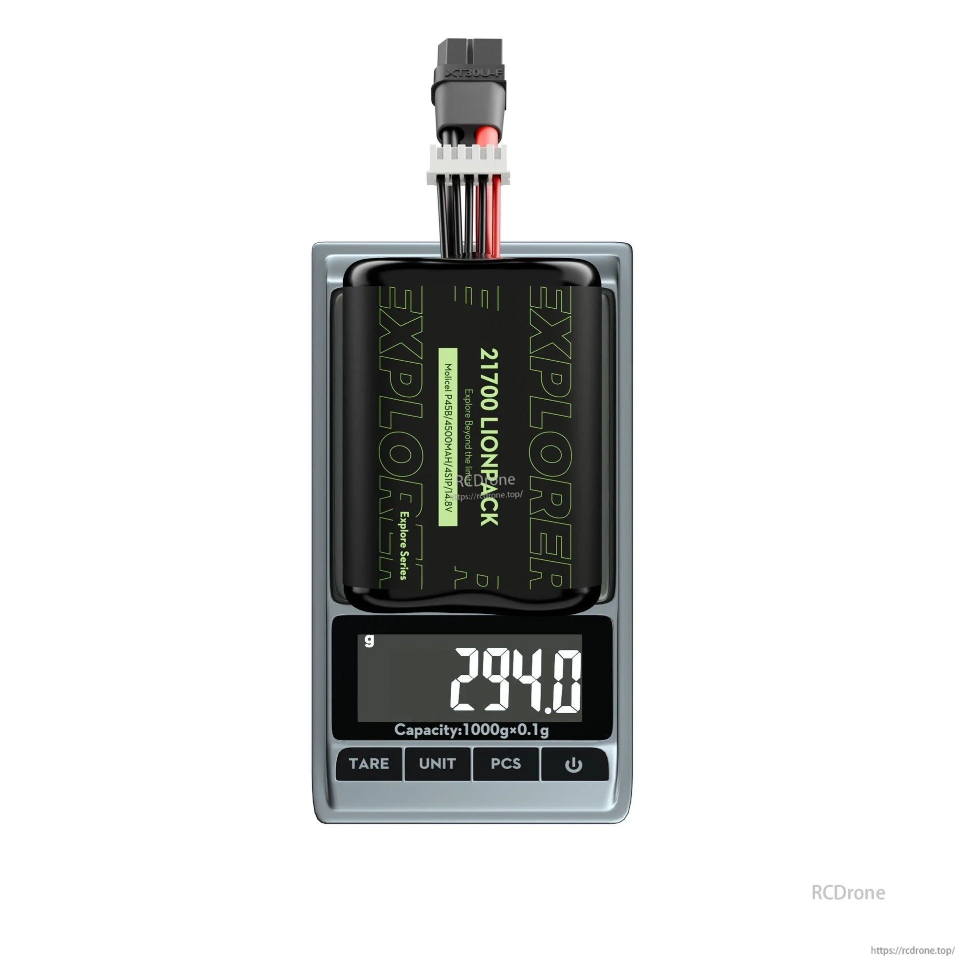Flywoo Explorer 21700 Lionpack 4S Li-ion battery with XT60 and JST-XH balance lead on scale reading 294g