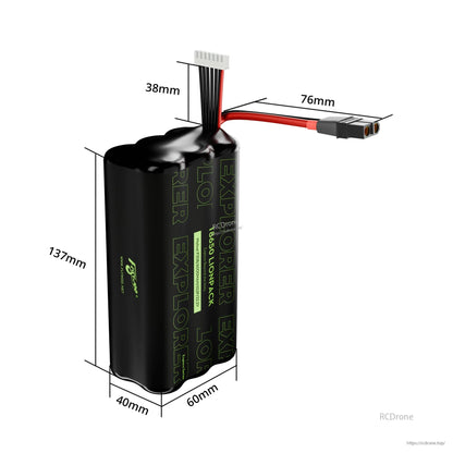 Flywoo Explorer Li-ion battery pack with XT60 power lead and balance connector, approx. 137×60×40 mm