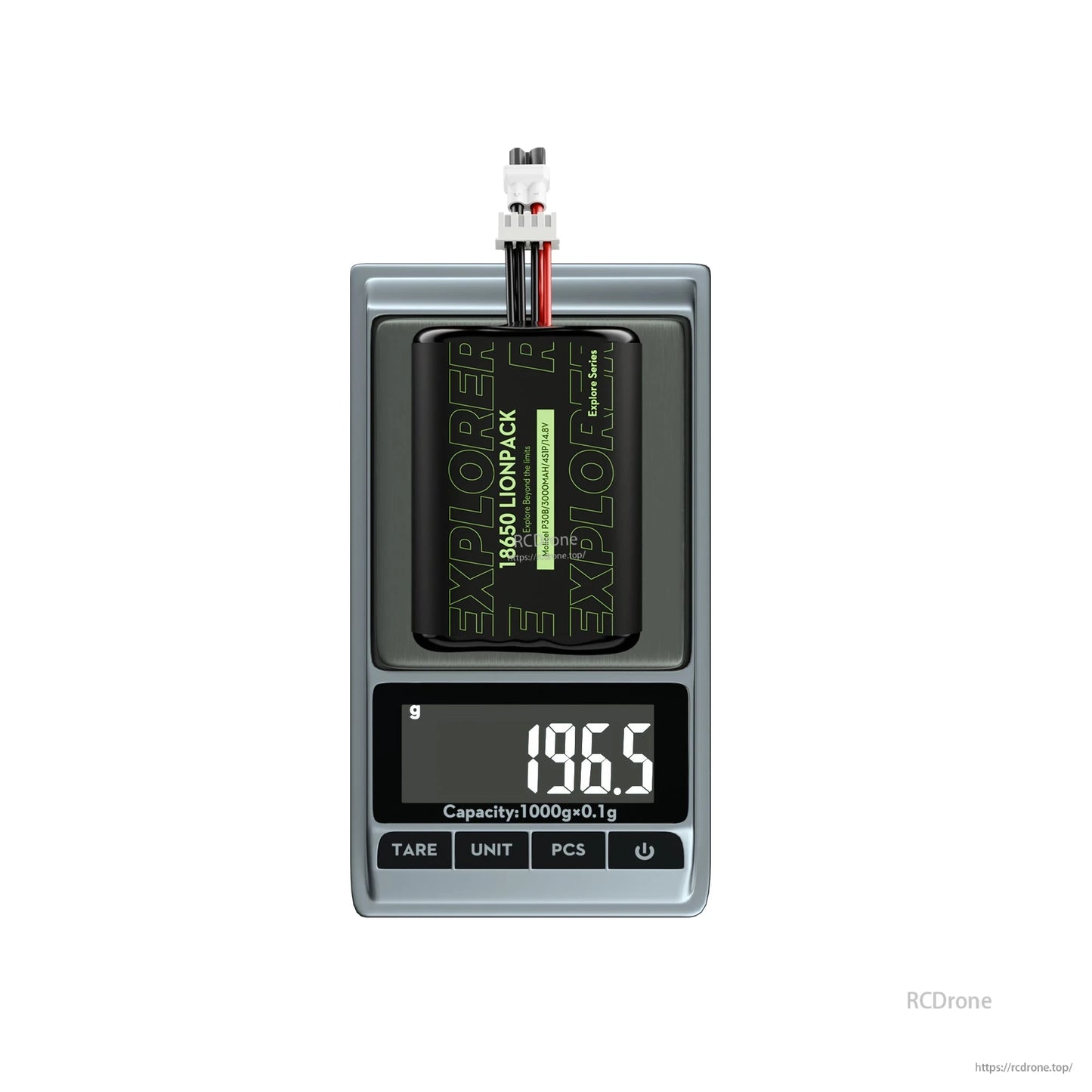 Flywoo Explorer P30B 18650 4S1P 14.8V 3000mAh Li-ion battery pack on a scale reading 196.5g
