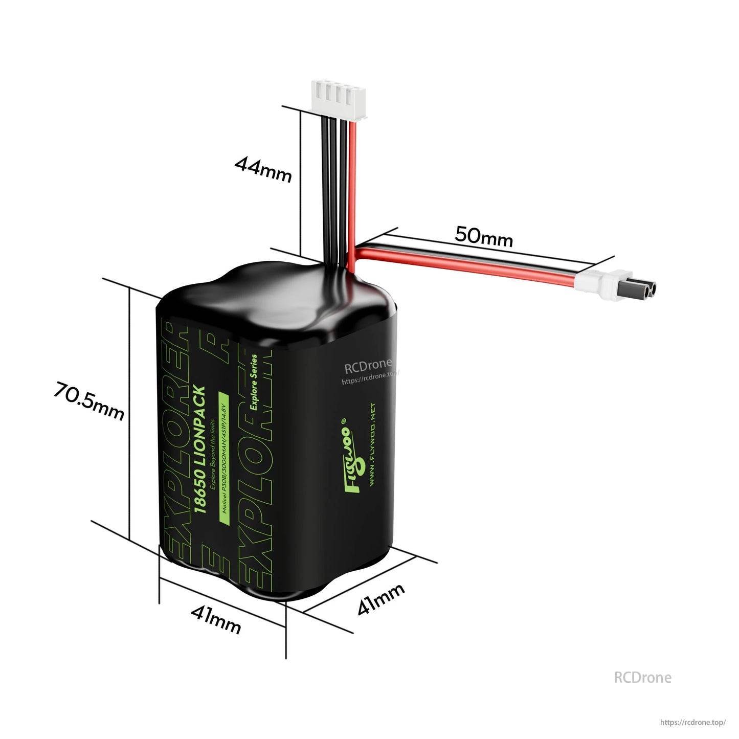 Flywoo Explorer 18650 Li-ion battery pack with XT30UP lead and balance plug, 70.5 x 41 x 41 mm size