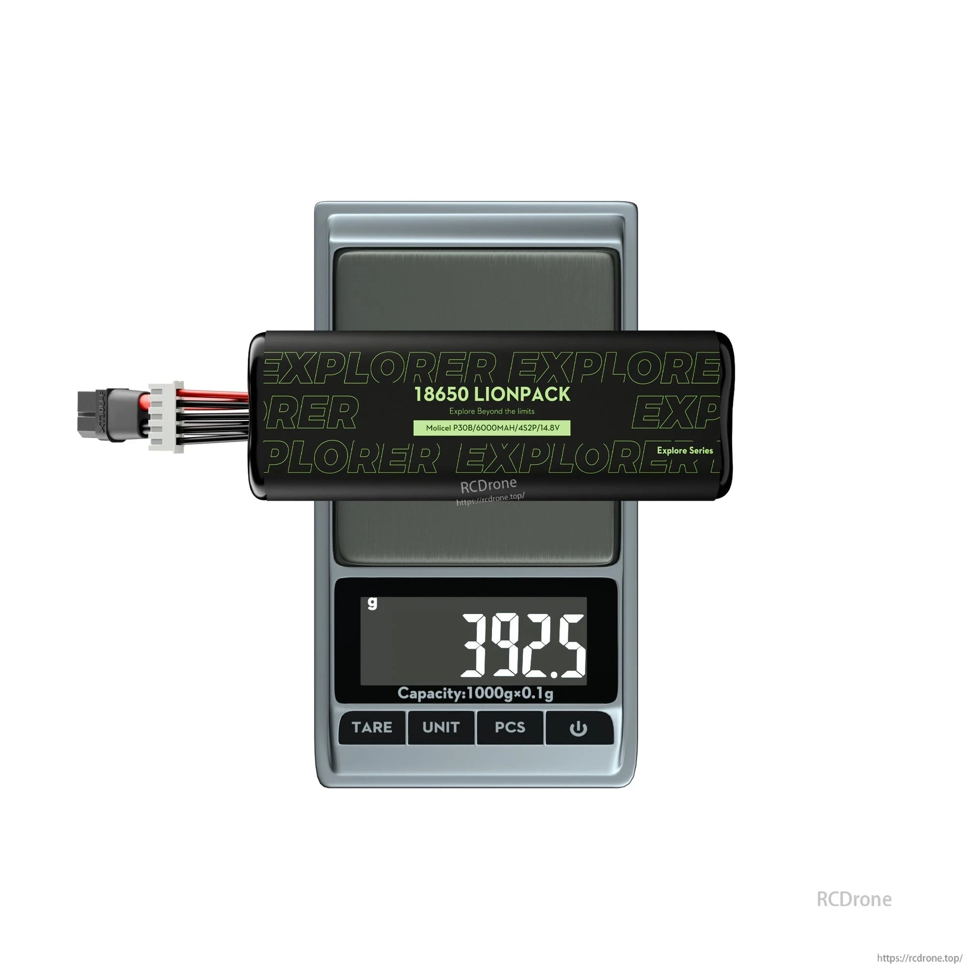 Flywoo Explorer 18650 Li-ion battery pack on a digital scale, labeled Molicel P30B 6000mAh 4S2P 14.8V