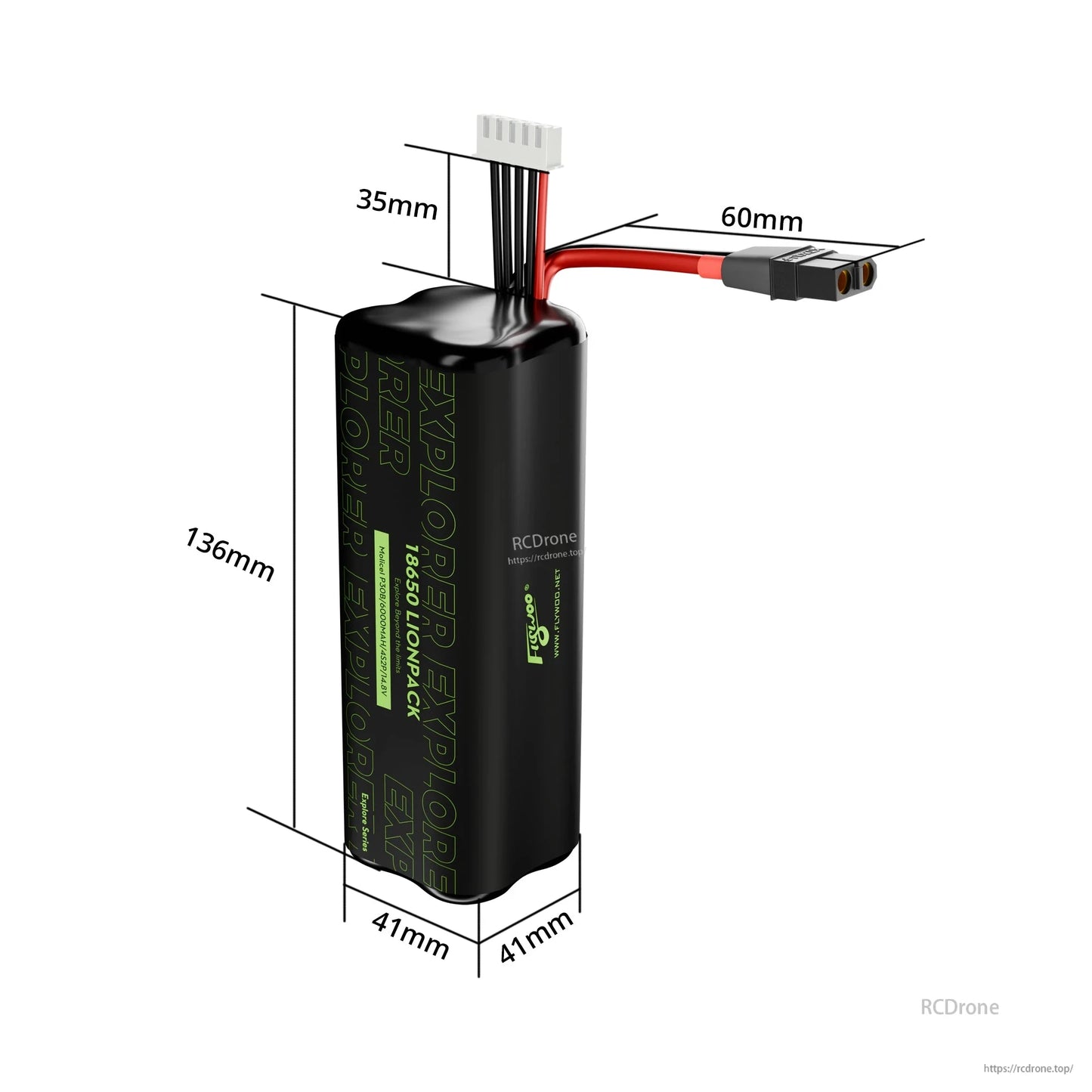 Flywoo Explorer 18650 Li-ion battery pack with XT60 lead and balance connector, 136mm tall, 41x41mm base