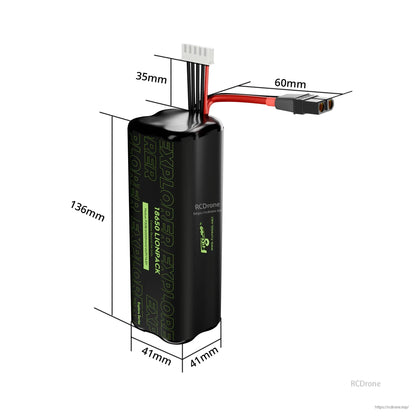 Flywoo Explorer 18650 Li-ion battery pack with XT60 lead and balance connector, 136mm tall, 41x41mm base