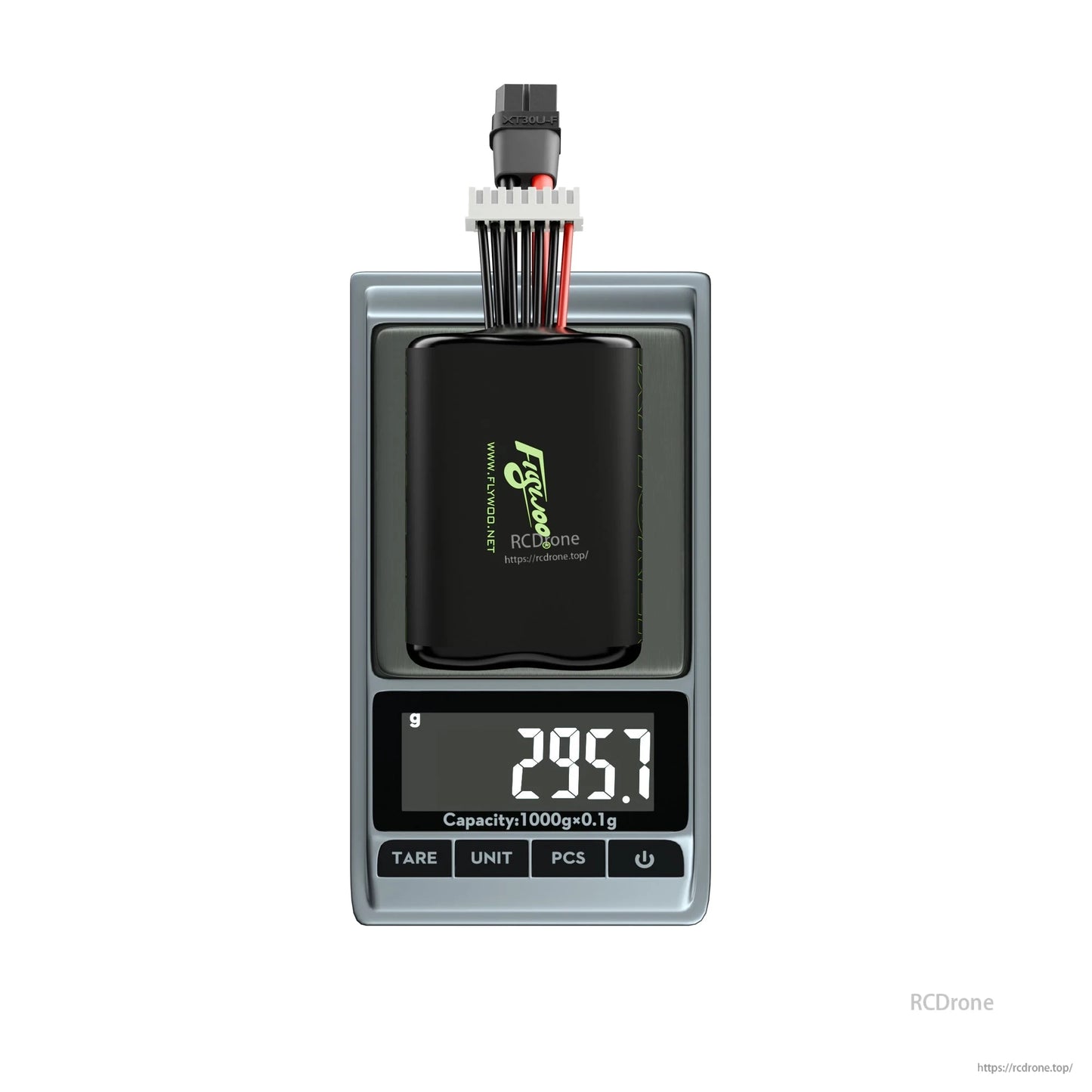 Flywoo 6S Li-ion battery pack with XT60 and balance lead on digital scale reading 295.7 g