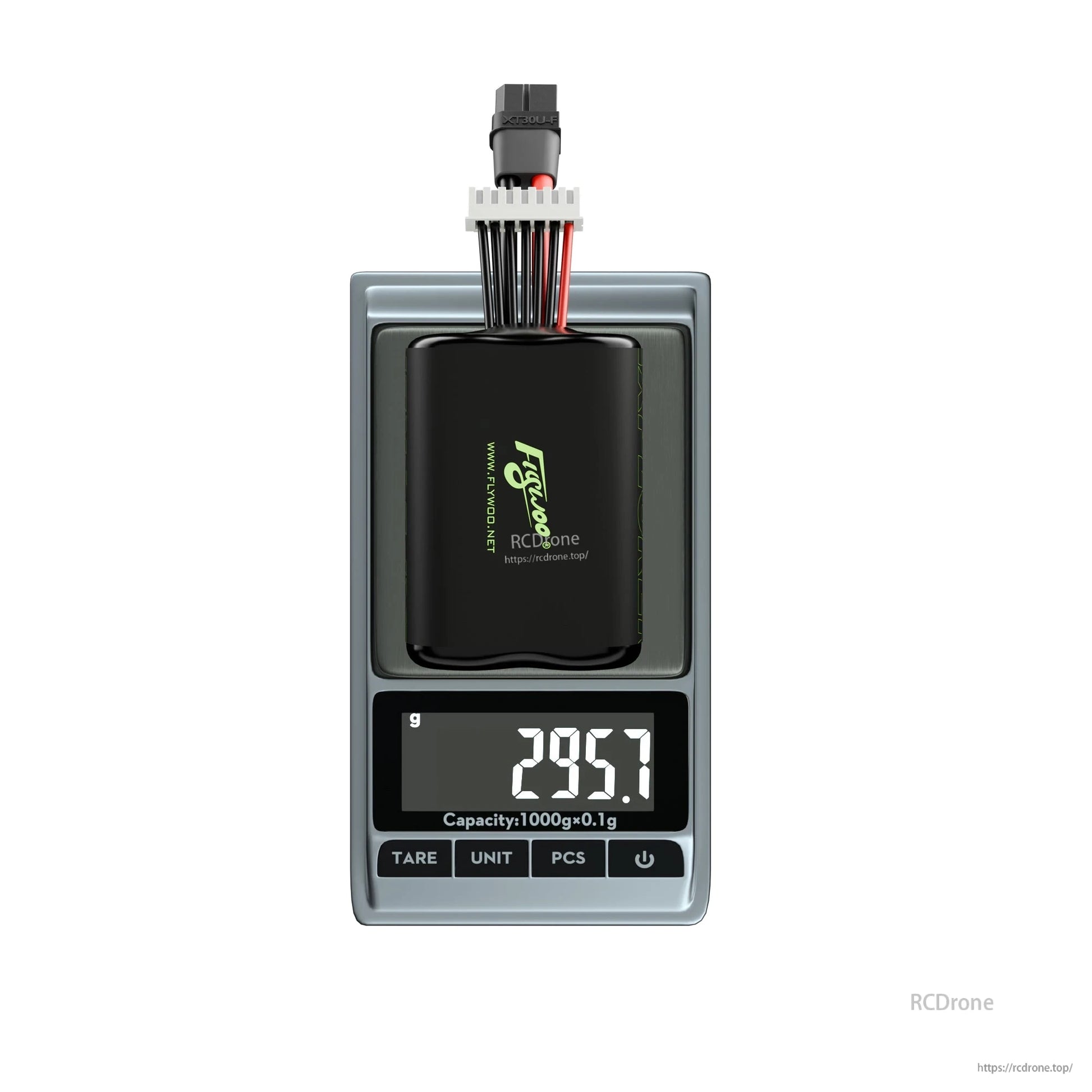 Flywoo 6S Li-ion battery pack with XT60 and balance lead on digital scale reading 295.7 g