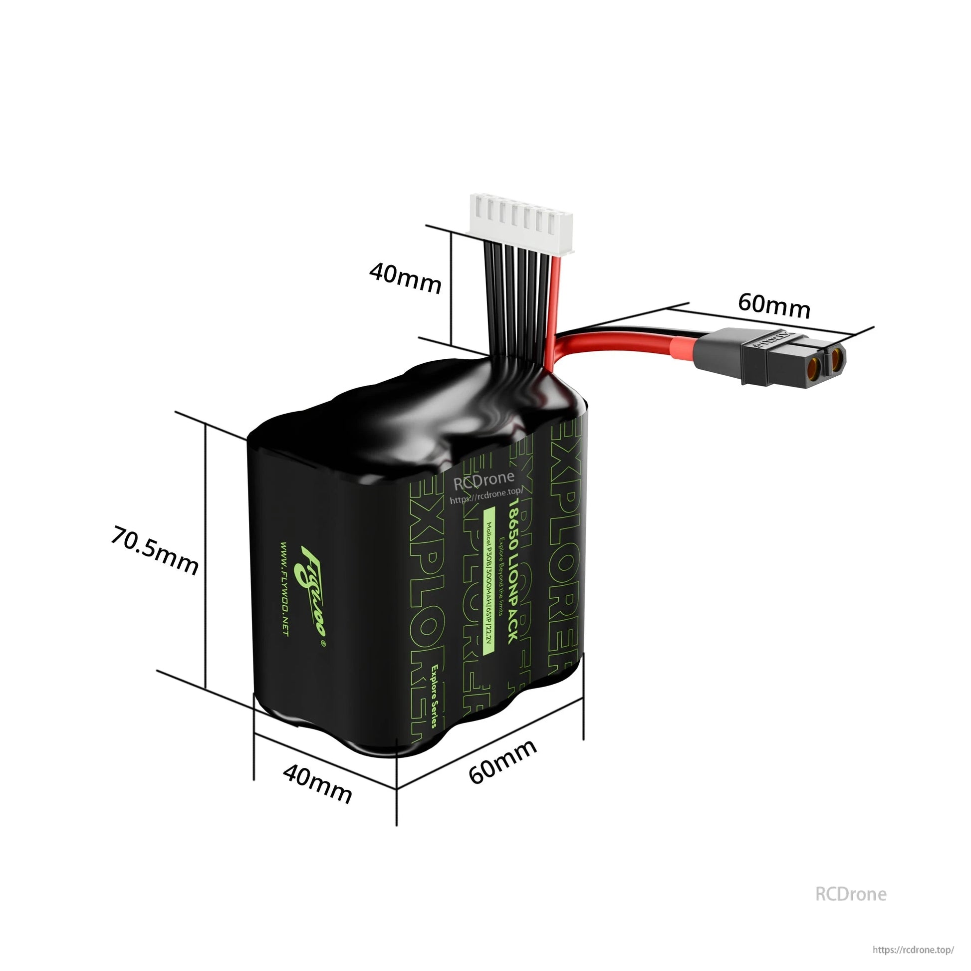 Flywoo Explorer 6S1P 18650 Li-ion battery pack with XT60 lead and balance connector, 60×40×70.5mm