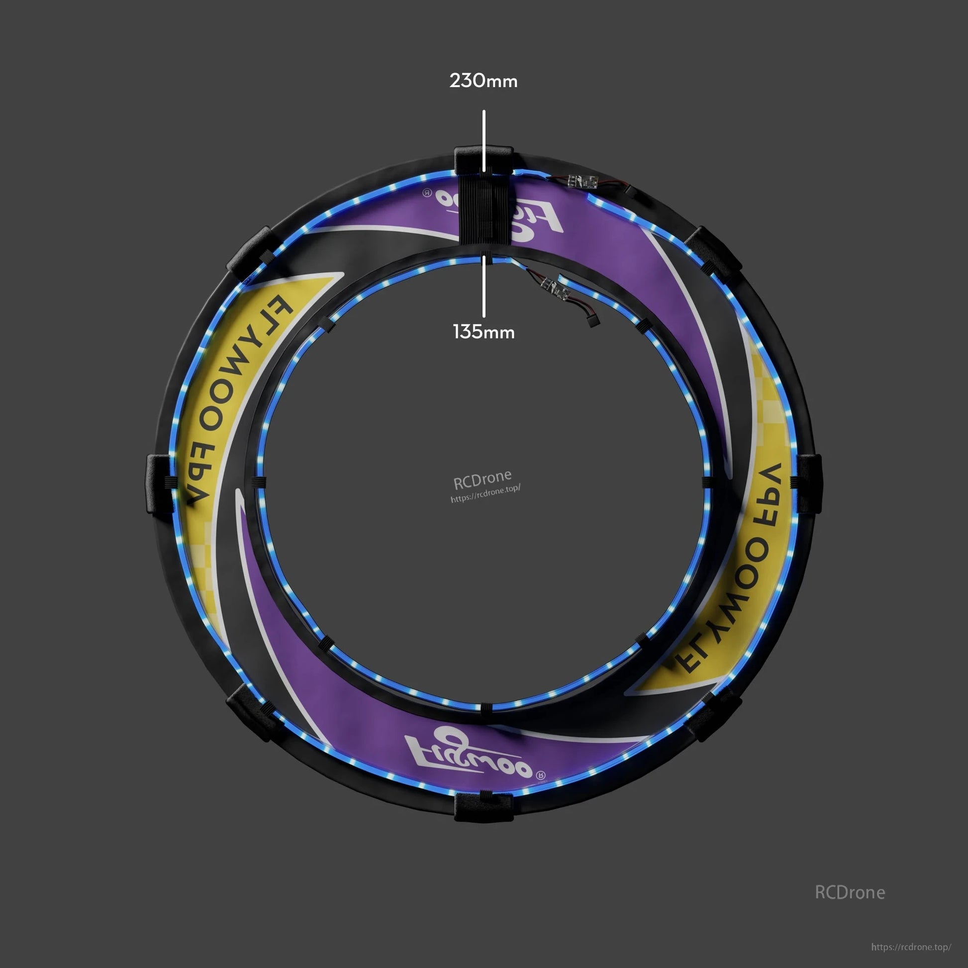 Flywoo FPV halo circle race gate with integrated LED strip and strap loops, 230mm outer and 135mm inner diameter