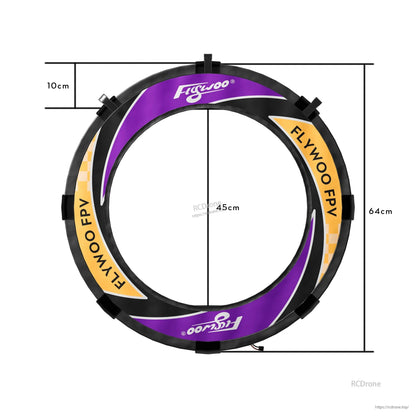 Flywoo FPV halo circle race gate with purple and orange fabric ring, Velcro tabs, 45 cm opening and 64 cm outer size