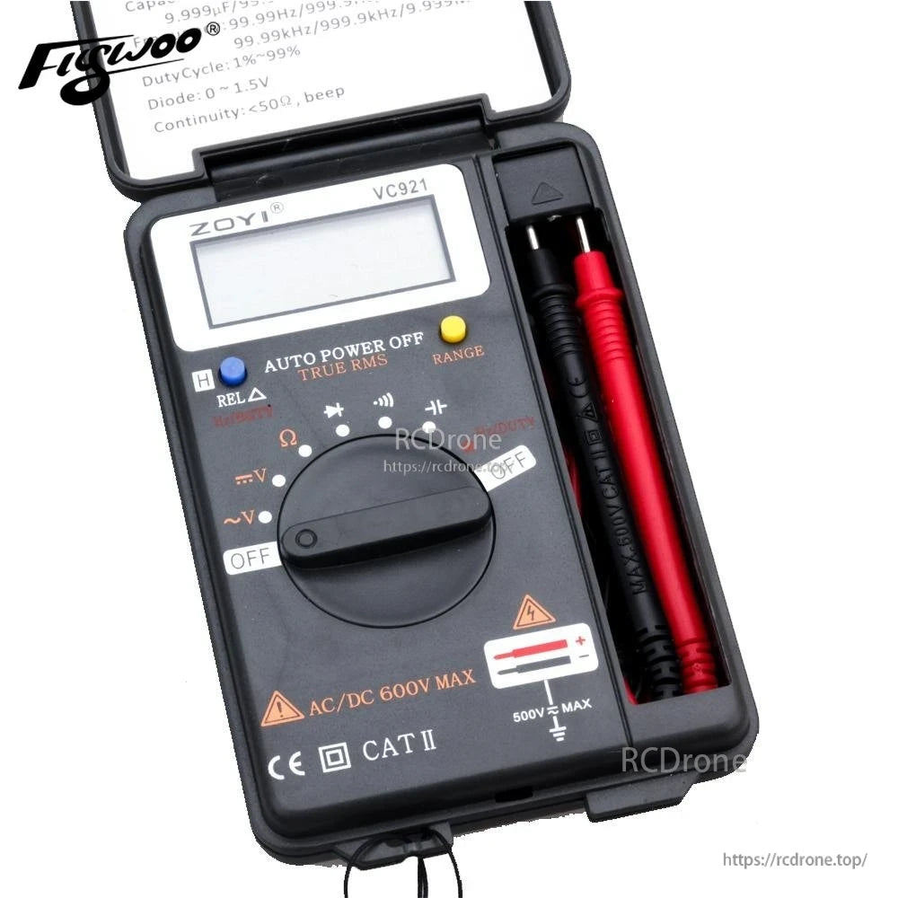 Flywoo FPV quad tool digital multimeter with rotary dial, LCD display, and red/black test probes in case