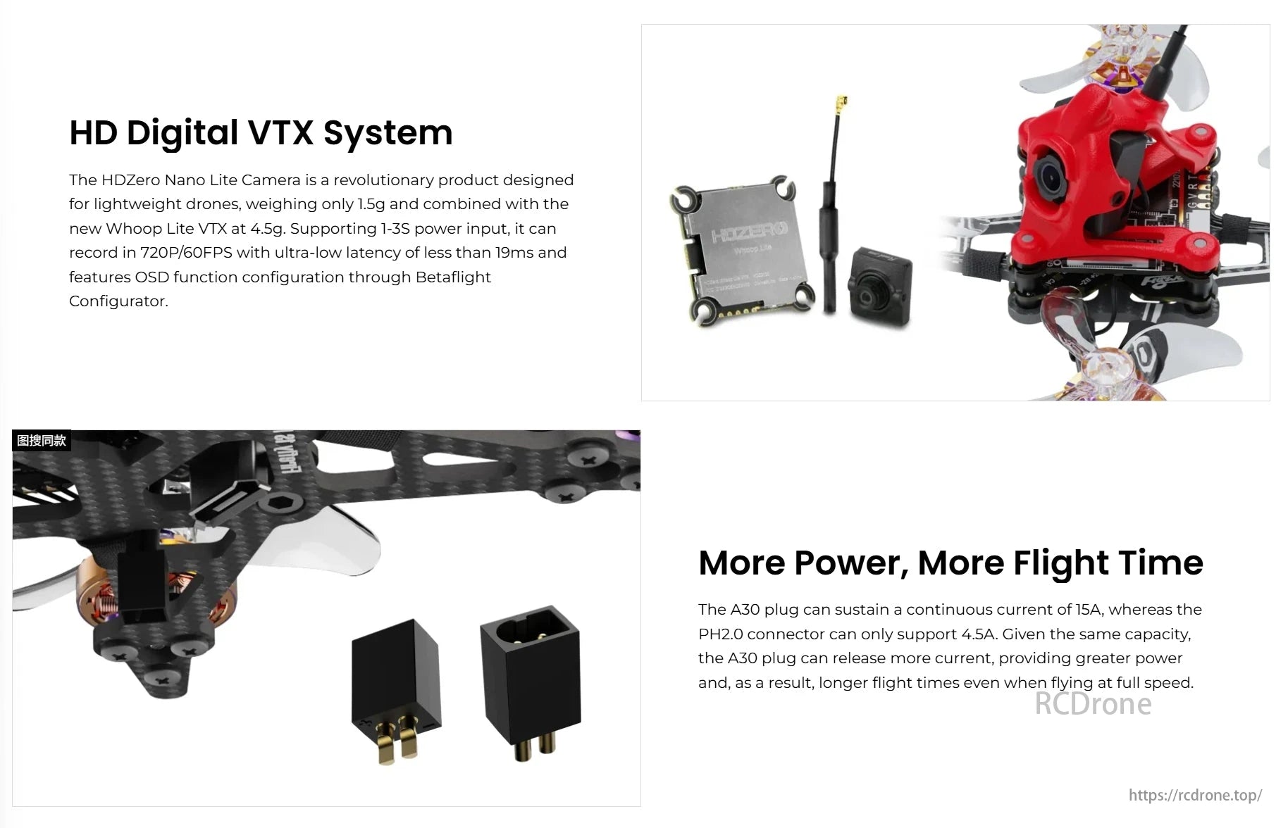 Flywoo Firefly 1S FPV Drone, HDZero Nano Lite: 1.5g camera, 720P/60FPS, ultra-low latency, 1-3S power, A30 plug (15A), with Whoop Lite VTX (4.5g).
