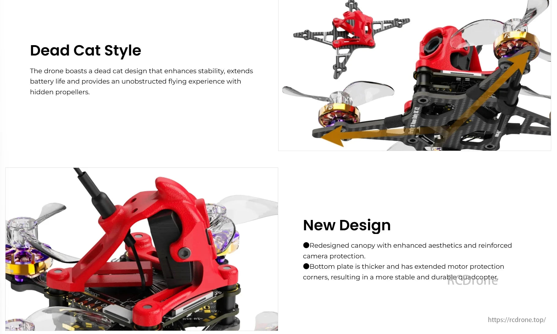 Flywoo Firefly 1S FPV Drone, Dead Cat Style improves stability, battery life, and flight. New Design offers a durable canopy and thicker plate.
