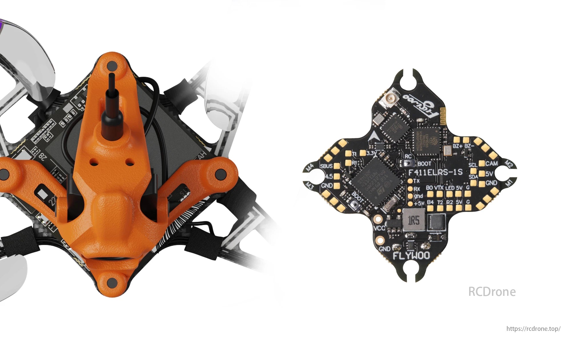 Flywoo Firefly 1S DC16 Nano Baby V2 1.6-Inch FPV, The Flywoo Firefly 1S drone features an orange frame, black circuit board, F411ELRS-1S and SBUS components, with multiple connectors for enhanced functionality.