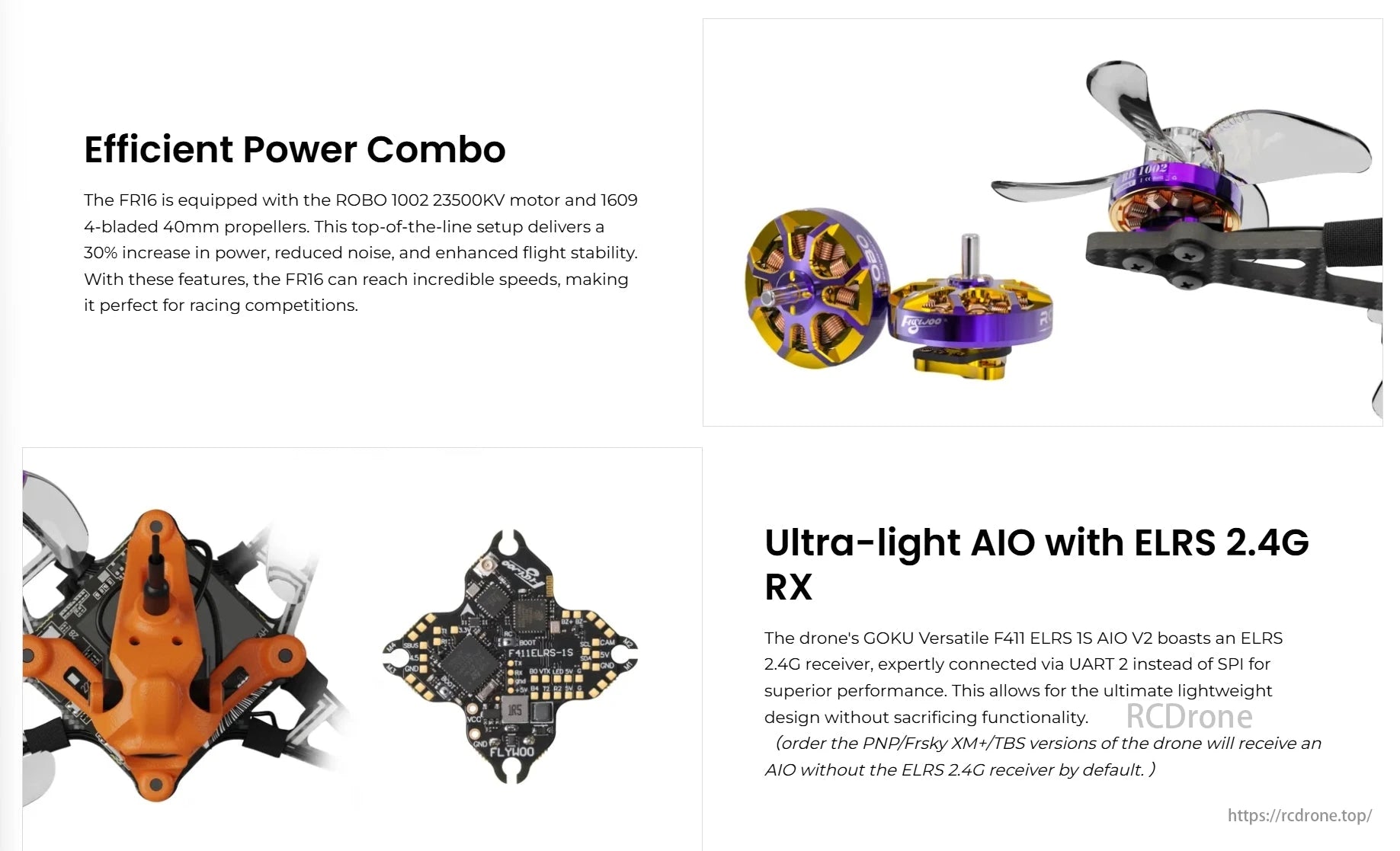 Flywoo Firefly 1S FR16 Nano Baby 1.6 Inch FPV, FR16 features ROBO 1002 motor, 40mm props for power and low noise. GOKU F411 ELRS 1S AIO V2 provides lightweight design and excellent performance with ELRS 2.4G RX.