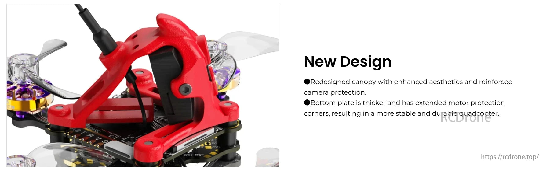 Flywoo Firefly 1S FPV Drone, New design with enhanced aesthetics, reinforced camera protection, and extended motor protection corners.