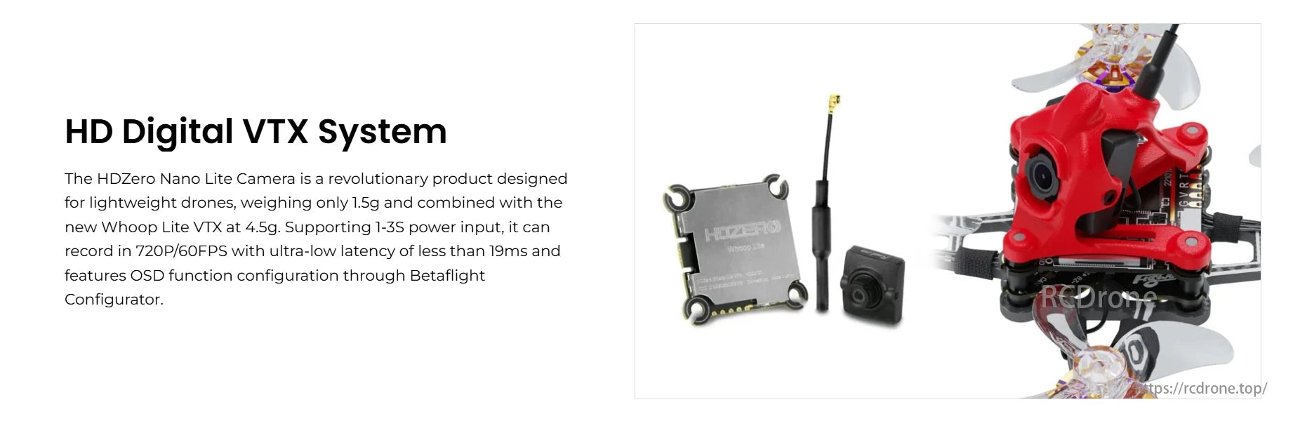 Flywoo Firefly 1S FPV Drone, HDZero Nano Lite Camera and Whoop Lite VTX offer lightweight, high-performance FPV solution with 720P/60FPS recording, low latency, and OSD function for racing and freestyle.