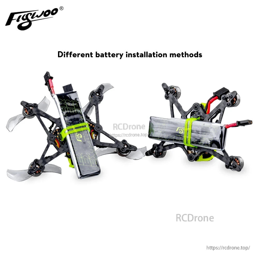 Flywoo Firefly 1S Nano Baby Quad 40mm frame setup showing two battery mounting orientations with straps