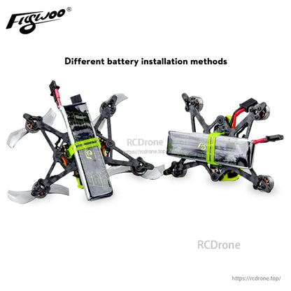 Flywoo Firefly 1S Nano Baby Quad 40mm frame setup showing two battery mounting orientations with straps