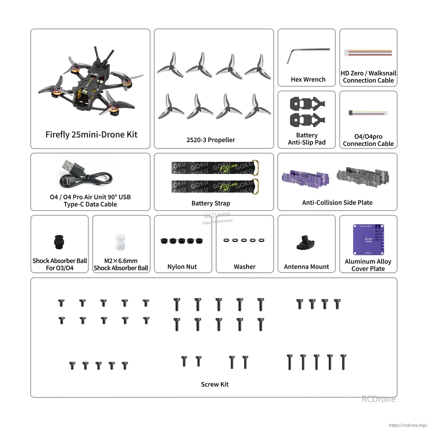 Flywoo Firefly 25mini micro drone kit contents with 2520-3 props, cables, battery strap, side plates and screw set
