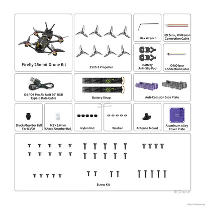 Flywoo Firefly 25mini micro drone kit contents with 2520-3 props, cables, battery strap, side plates and screw set