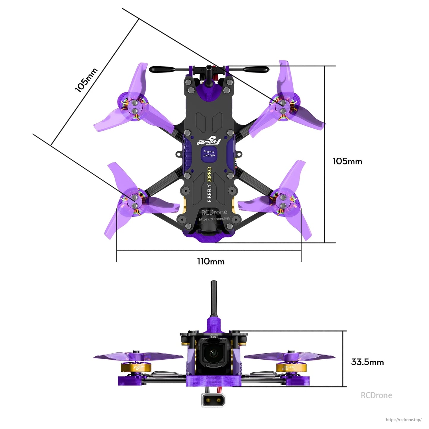 Top and front views of Flywoo Firefly 20PRO micro quadcopter with purple props and 110mm frame dimensions.