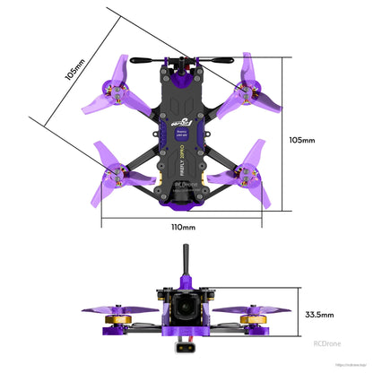 Top and front views of Flywoo Firefly 20PRO micro quadcopter with purple props and 110mm frame dimensions.