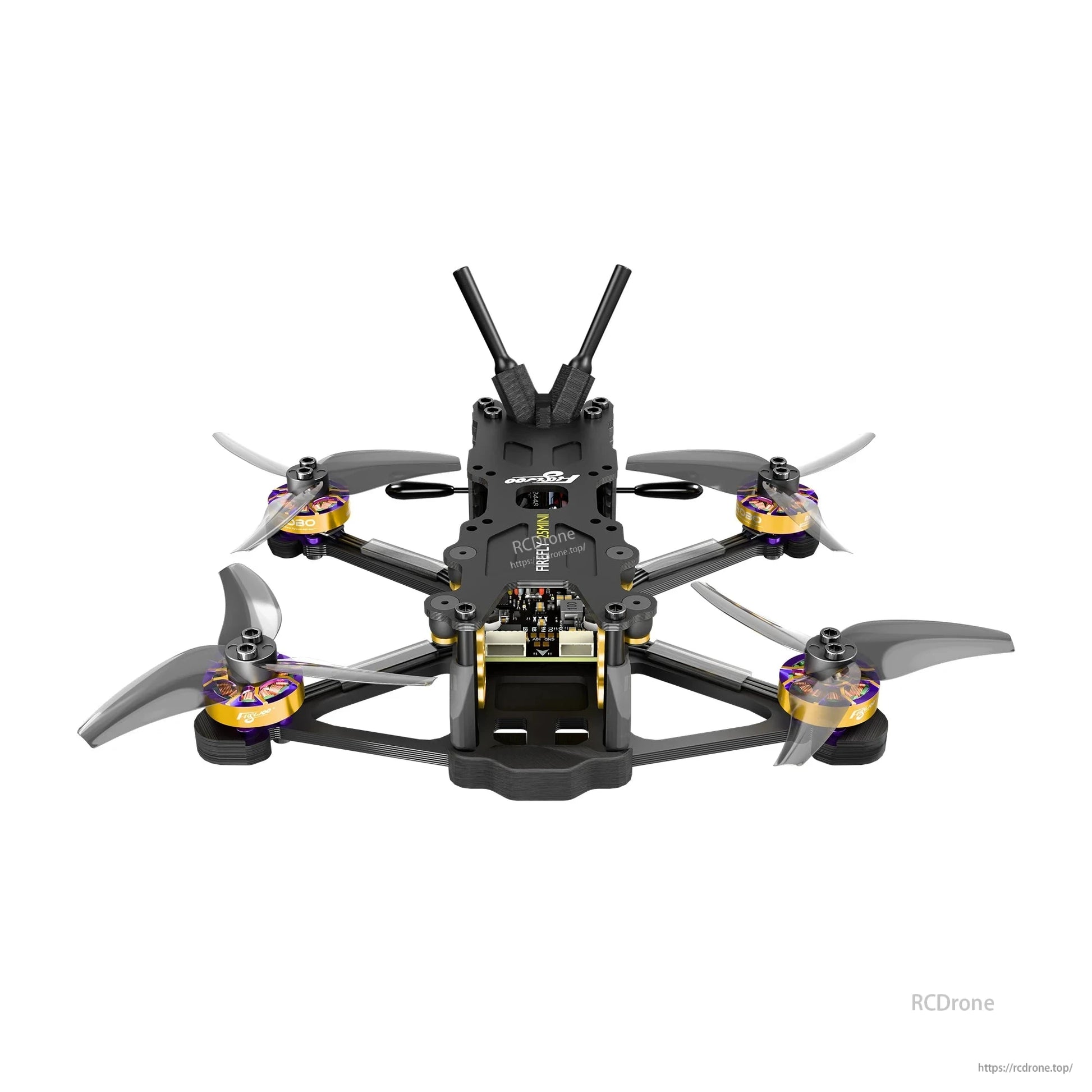 Flywoo Firefly micro FPV quadcopter with four brushless motors, tri-blade props, and dual rear antennas