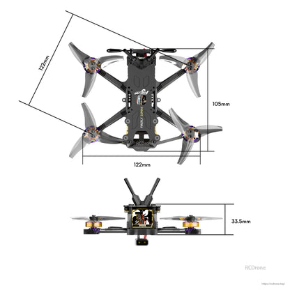 Flywoo Firefly micro quadcopter with four props, top and side views with 122mm width, 105mm length, 33.5mm height