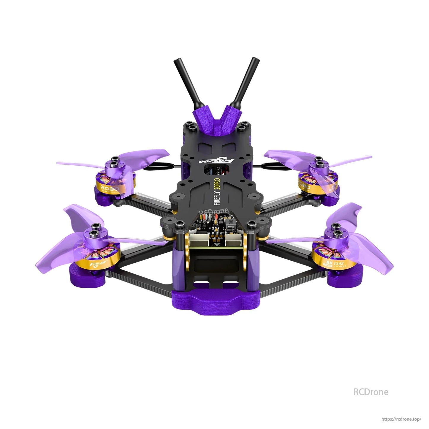 Flywoo Firefly micro FPV quadcopter with purple propellers, four motors, and dual antennas on top plate