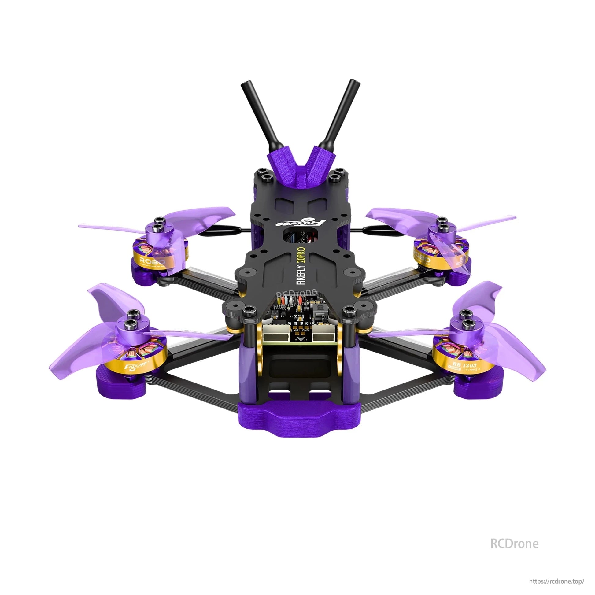 Flywoo Firefly micro FPV quadcopter with purple propellers, four motors, and dual antennas on top plate