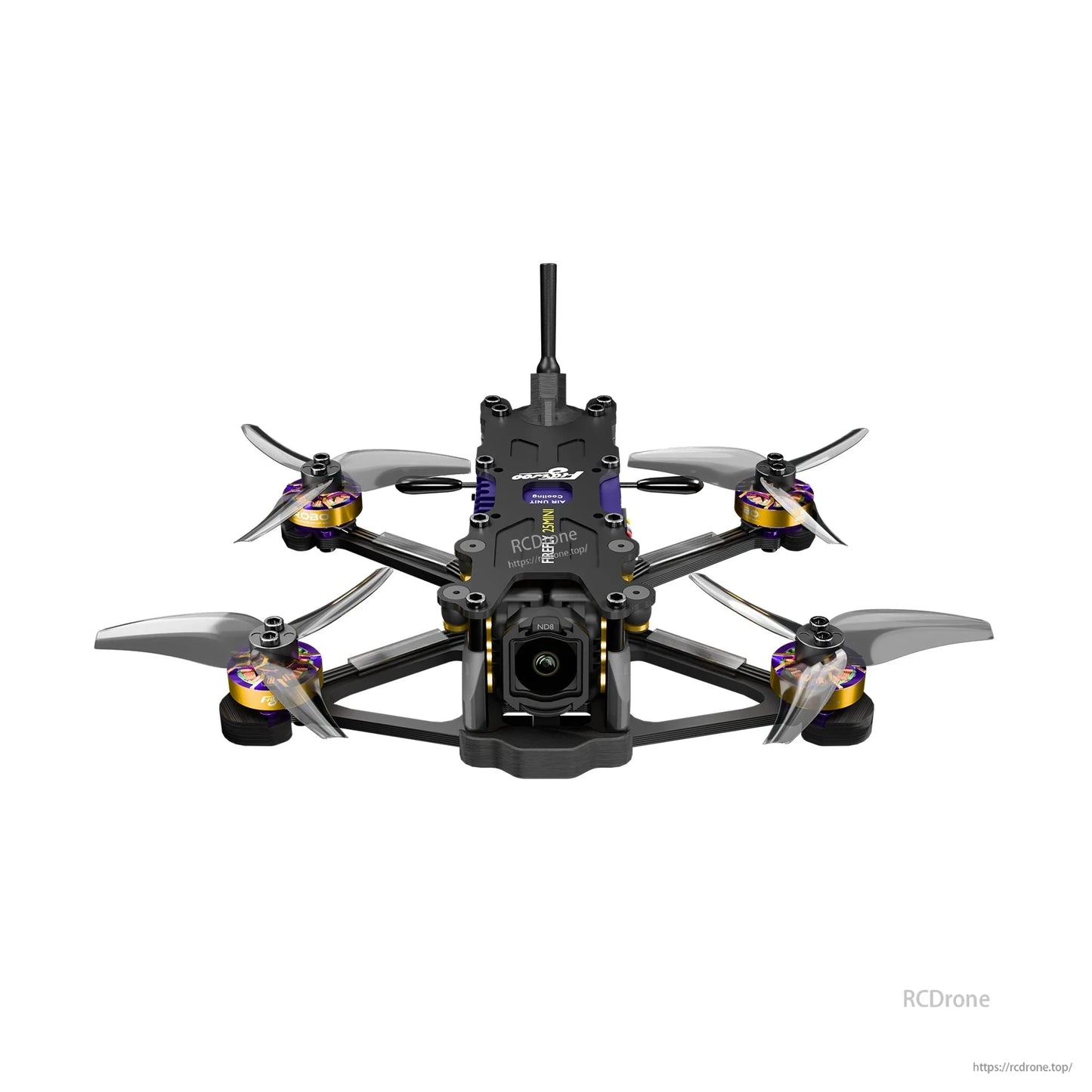 Flywoo Firefly micro FPV drone with compact frame, four tri-blade propellers, front camera, and antenna