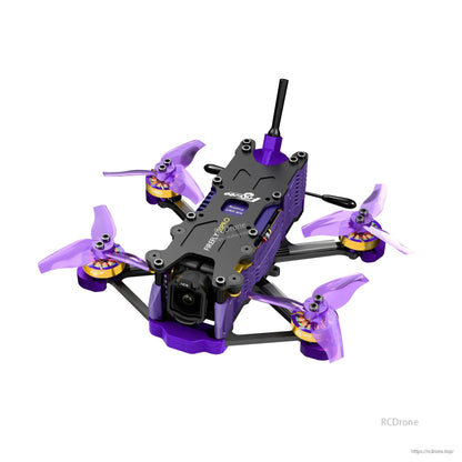 Flywoo Firefly 20PRO micro FPV drone with purple frame, four-blade props, front camera, and antenna