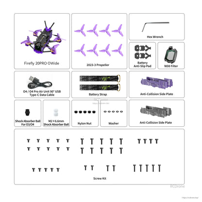 Flywoo Firefly 20PRO O4 Wide micro drone kit with spare props, ND8 filter, USB-C cable, straps and hardware
