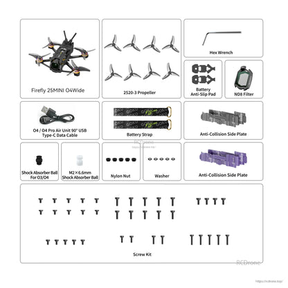 Flywoo Firefly 25MINI O4 Wide micro drone kit with 2520-3 props, ND8 filter, straps, plates, USB-C cable and screws