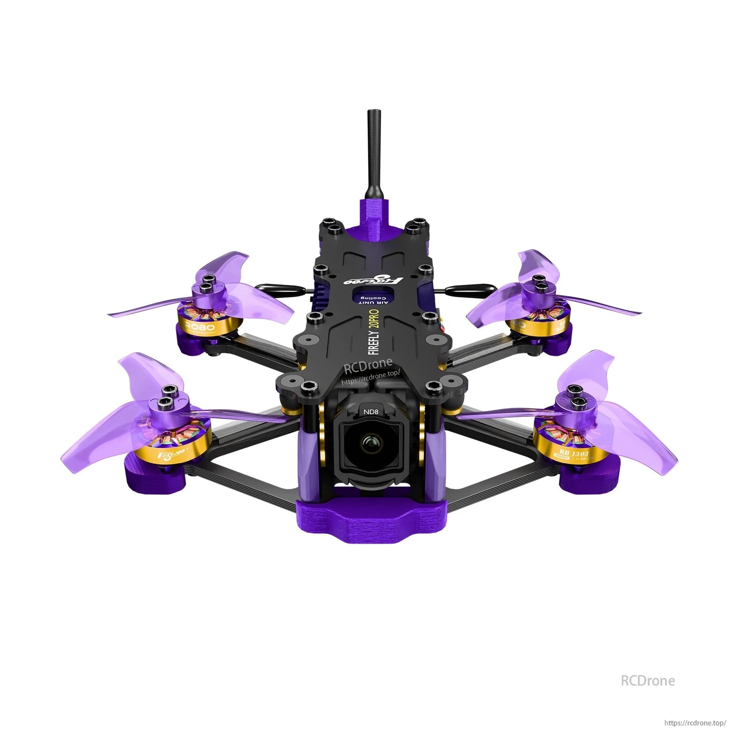 Flywoo Firefly micro FPV drone with purple frame, four tri-blade propellers, and front camera module