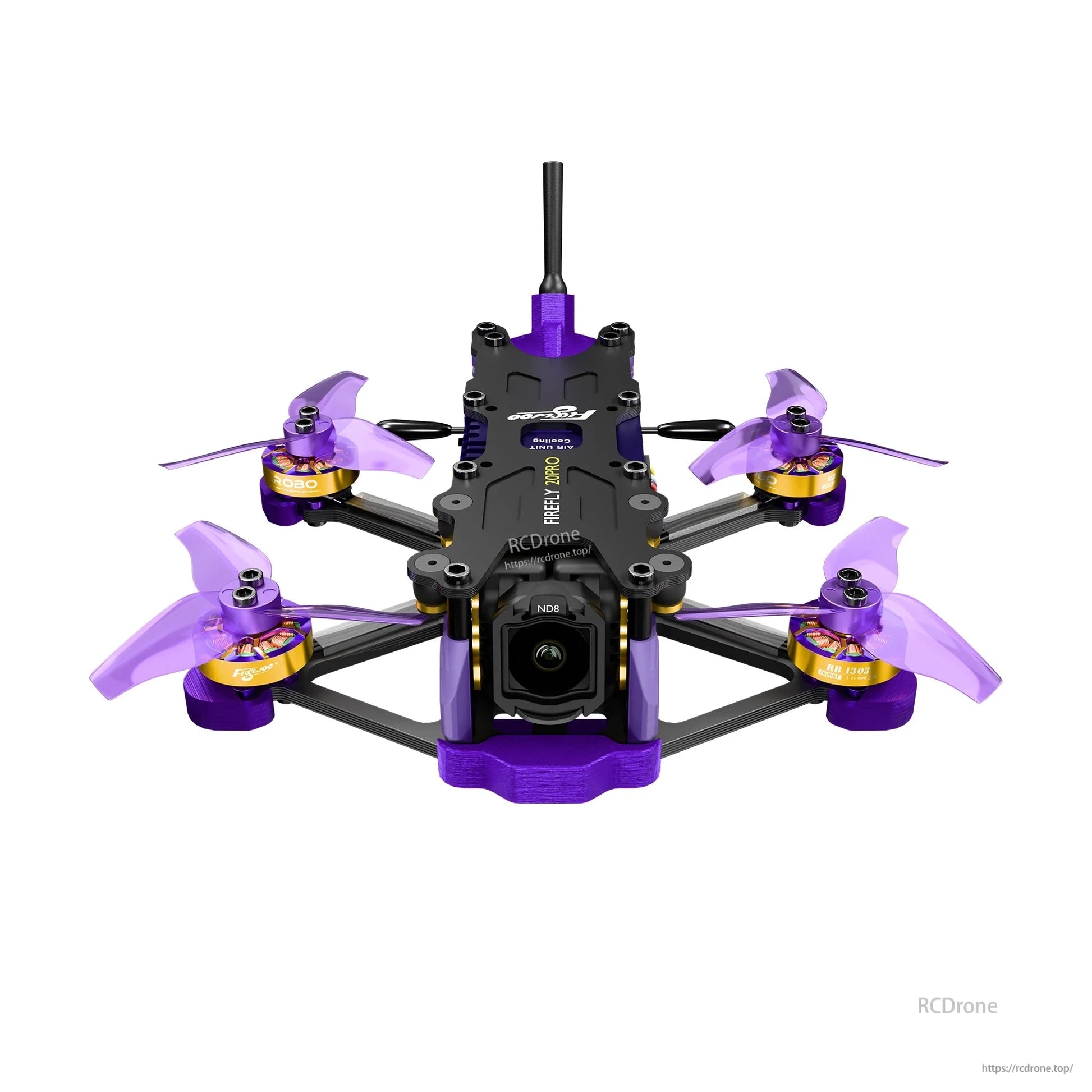 Flywoo Firefly micro FPV drone with purple frame, four tri-blade propellers, and front camera module
