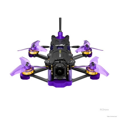 Flywoo Firefly micro FPV drone with purple frame, four tri-blade propellers, and front camera module