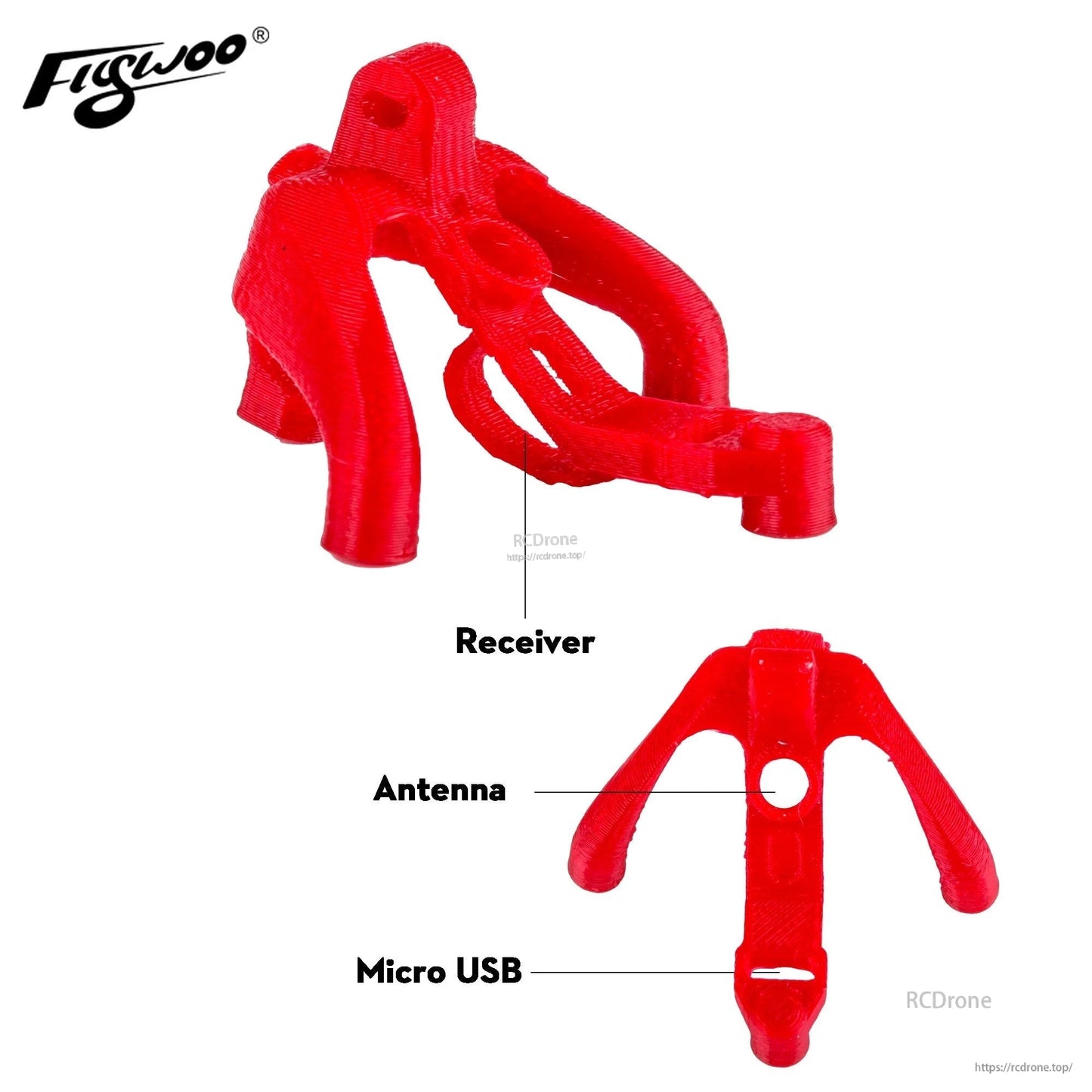 Red TPU canopy mount for Flywoo Firefly Nano Baby 20, with cutouts for receiver, antenna, and micro USB access