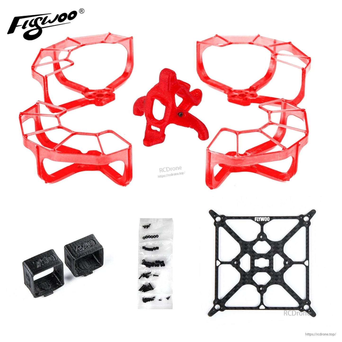 Flywoo Firefly 2S Nano Baby 20 HDZero Frame Kit, Flywoo Firefly Nano Baby 20 HDZero frame kit with red prop guards, TPU camera mount, carbon plate and hardware