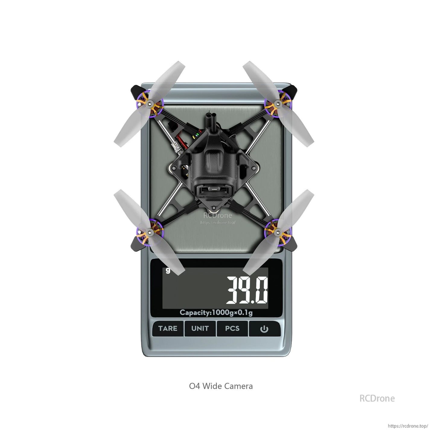 Flywoo Firefly18 1S Nano Baby V3 tiny quadcopter with O4 wide camera on digital scale reading 39.0 g