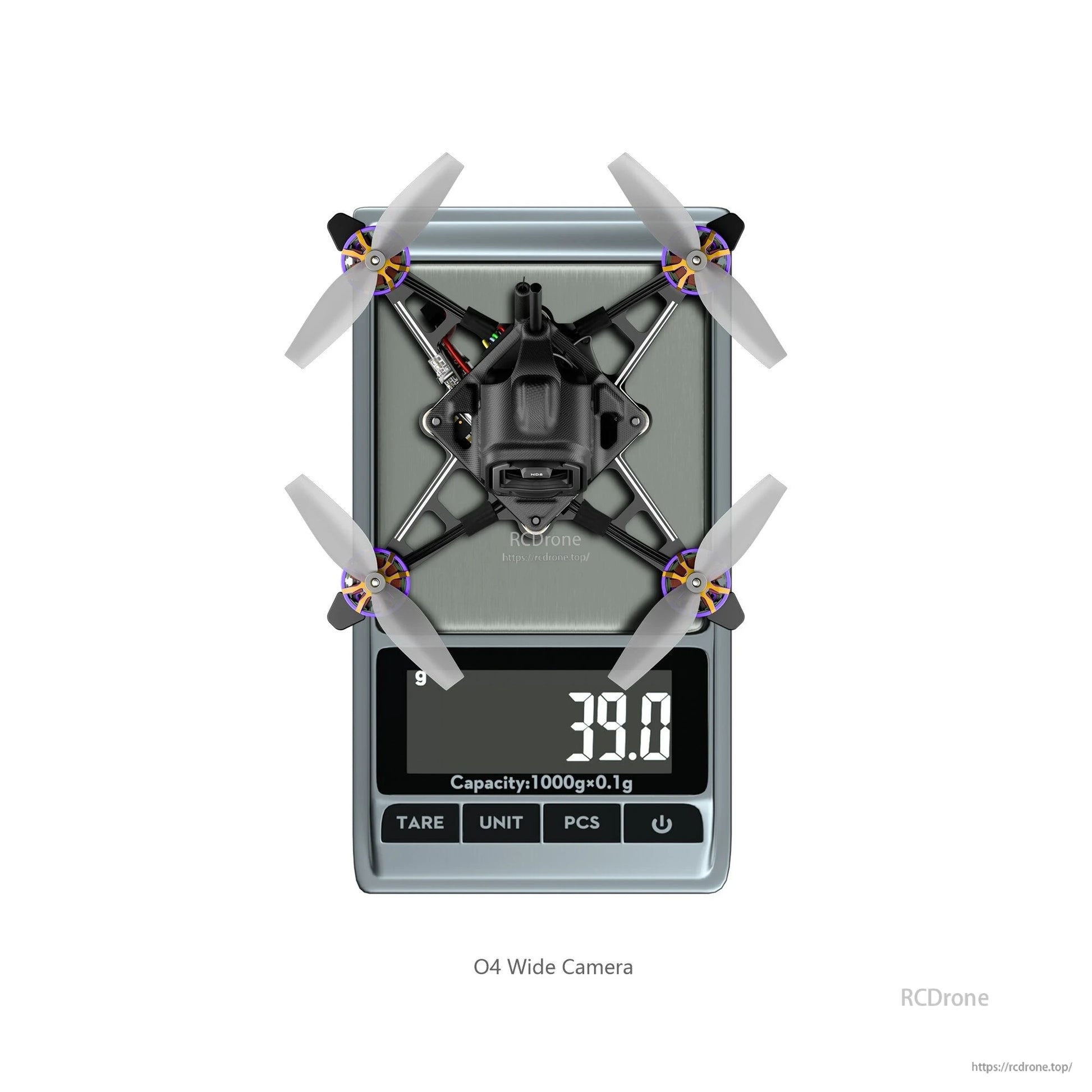 Flywoo Firefly18 1S Nano Baby V3 tiny quadcopter with O4 wide camera on digital scale reading 39.0 g