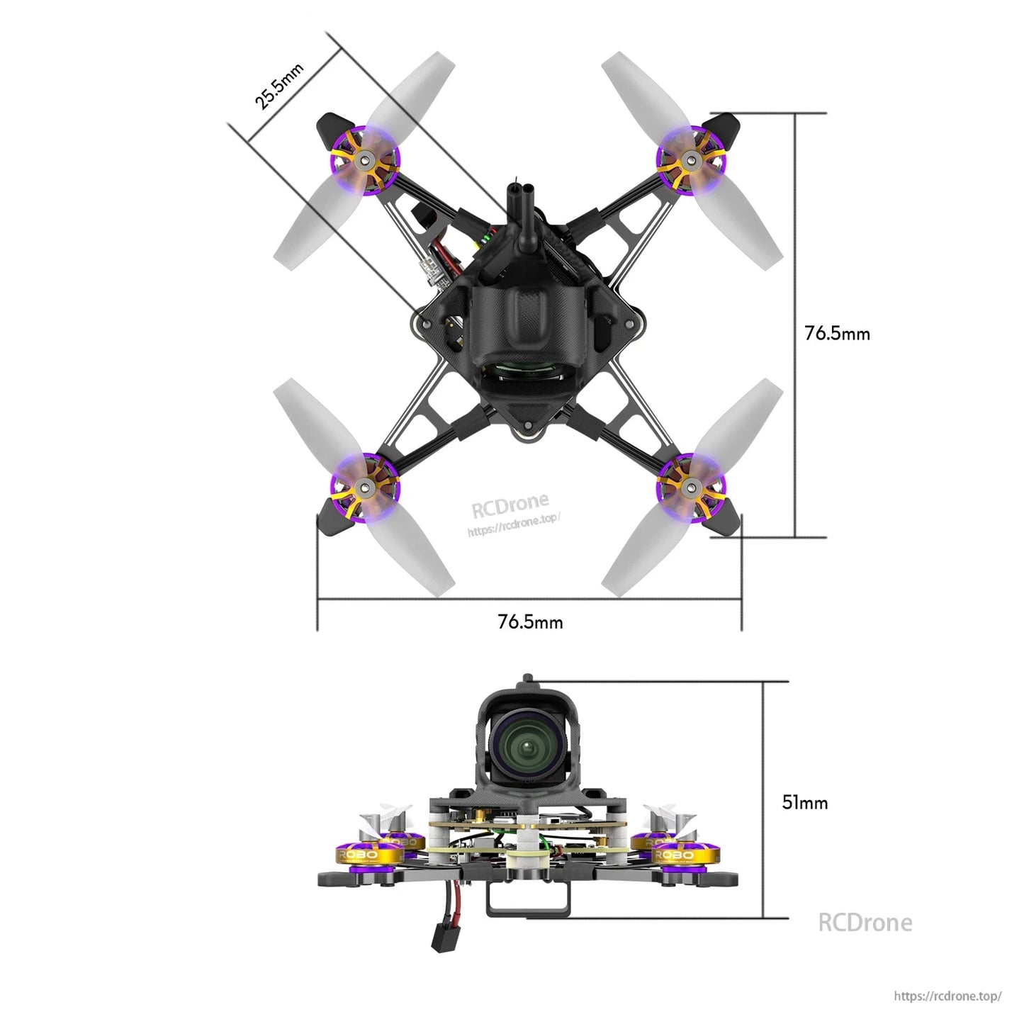 Top and side view of Flywoo Firefly18 Nano Baby V3 tiny quadcopter with 76.5 mm frame and 51 mm height