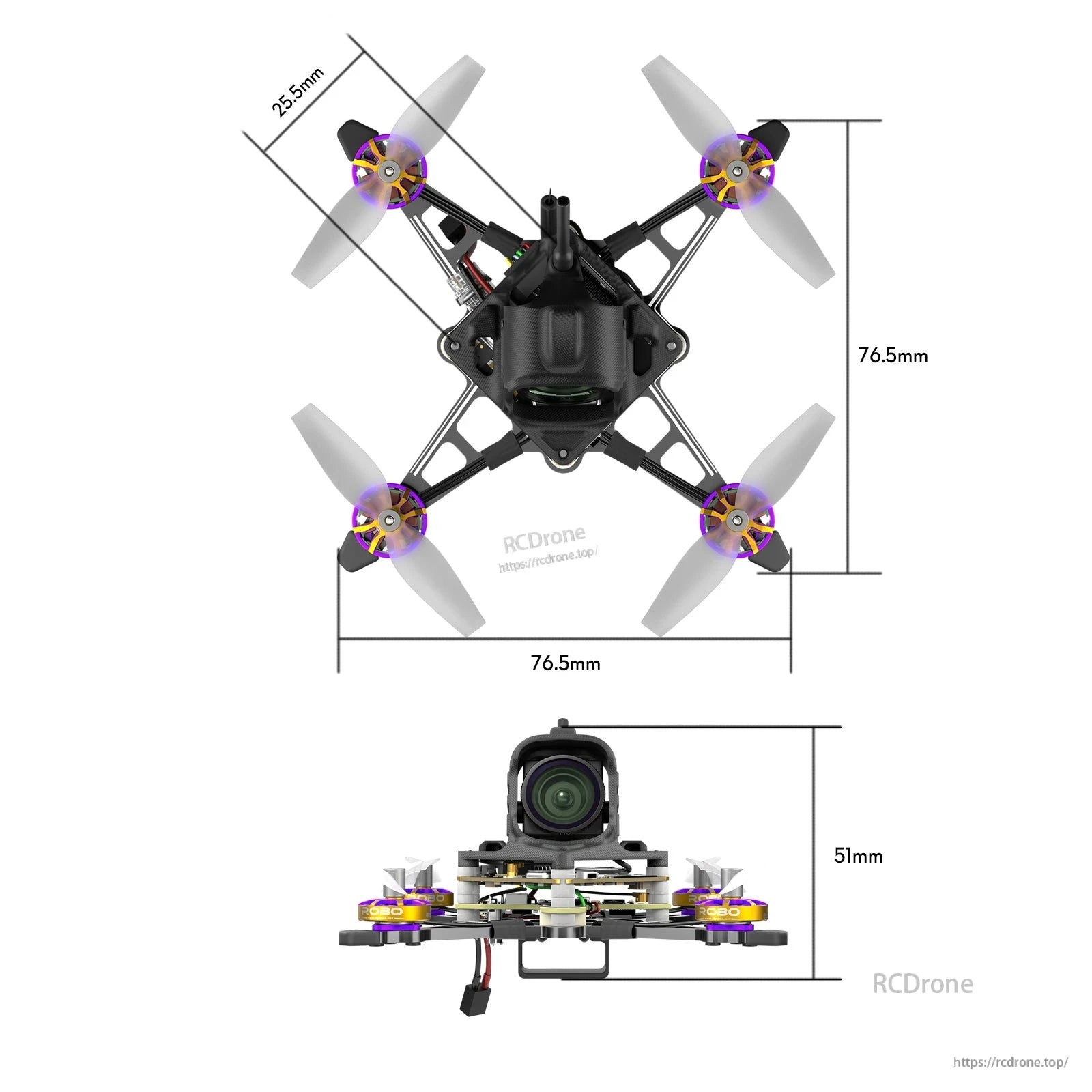 Top and side view of Flywoo Firefly18 Nano Baby V3 tiny quadcopter with 76.5 mm frame and 51 mm height