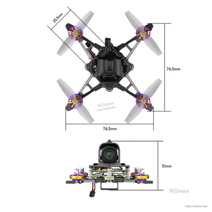 Top and side view of Flywoo Firefly18 Nano Baby V3 tiny quadcopter with 76.5 mm frame and 51 mm height